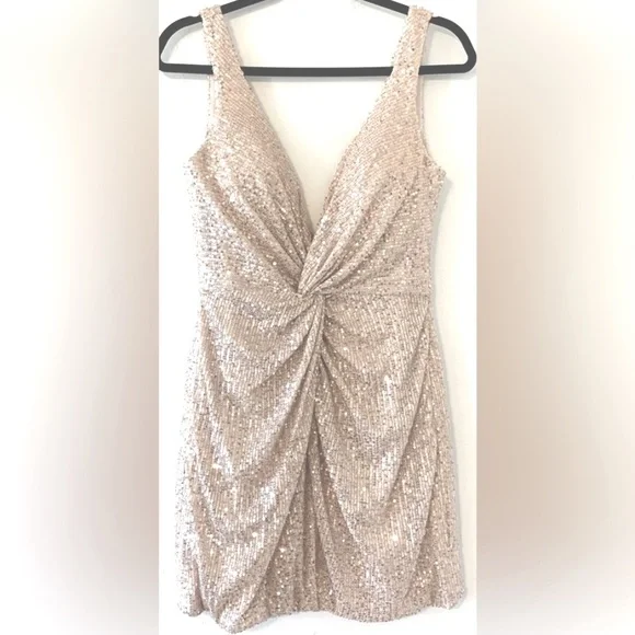 IEENA for MacDugal Front Twist Plunging Silver Sequin Mini Dress